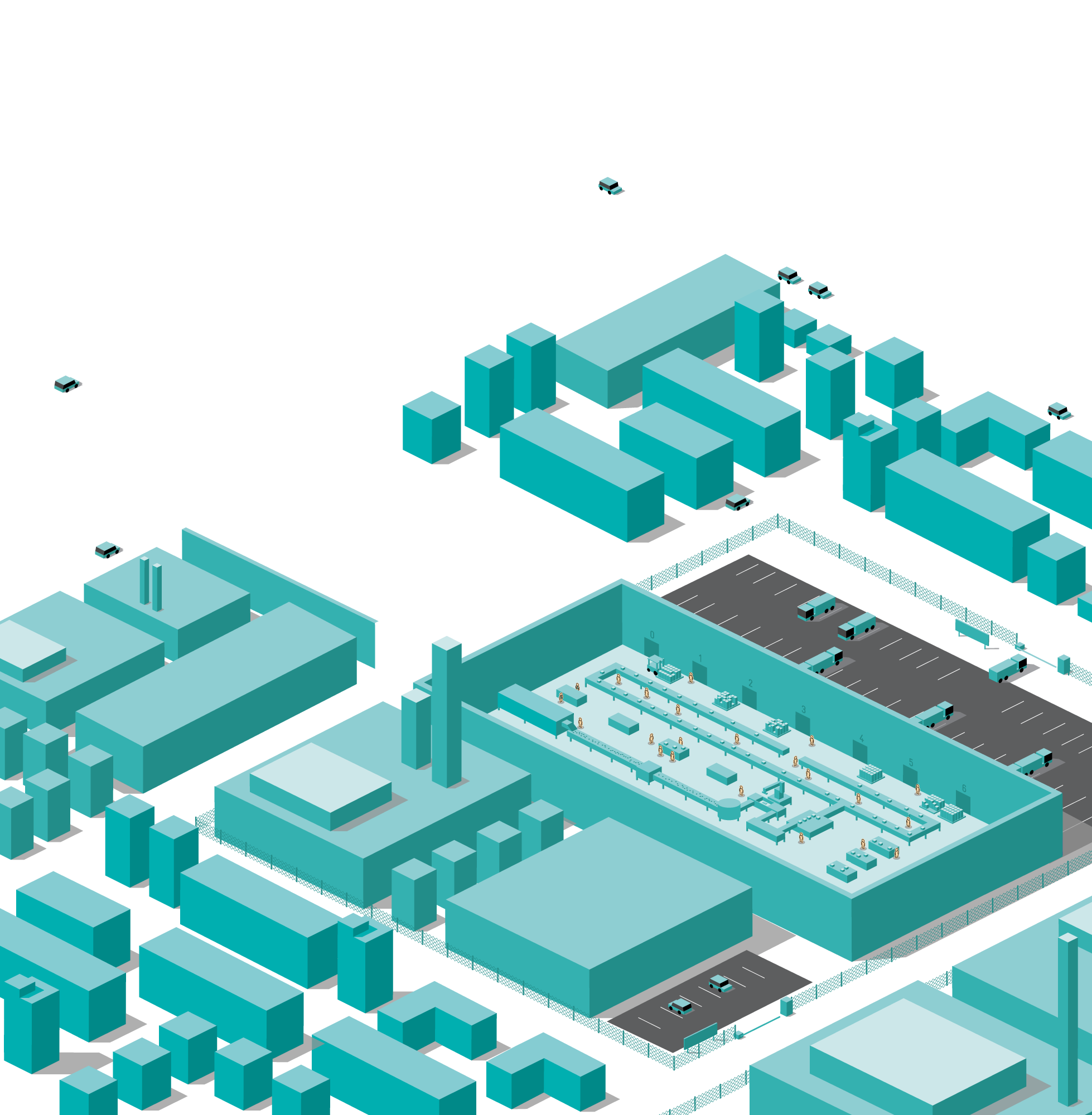 isometric illustration of a factory and city blocks