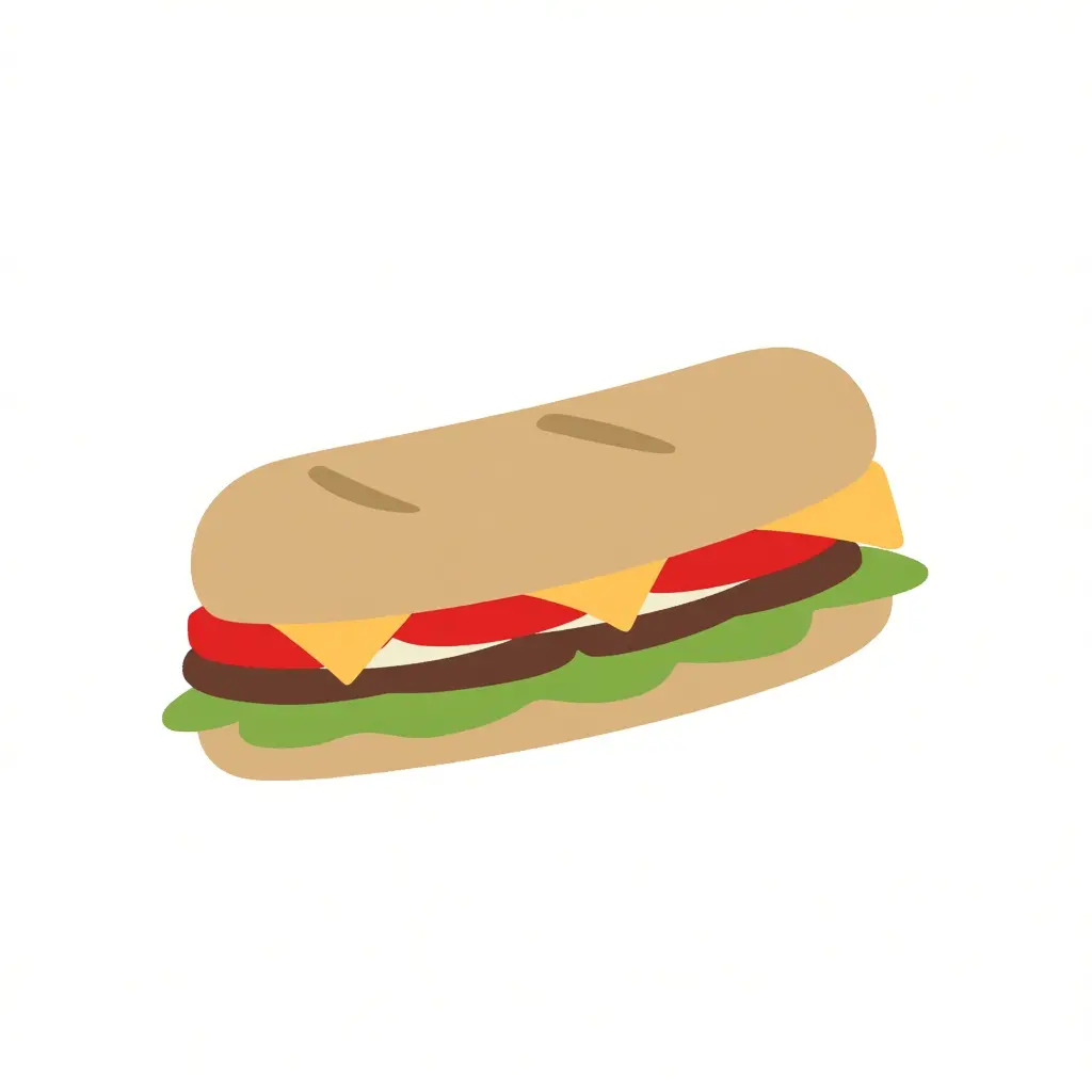 Flat-color sandwich illustration with tomato, cheese and lettuce, original PNG